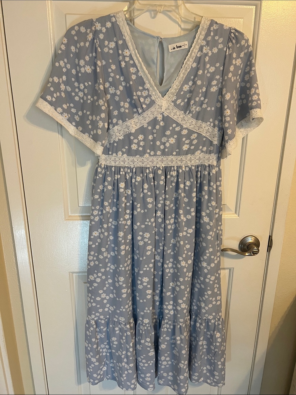 In Loom Light Blue Floral Midi Dress with White Lace Trim